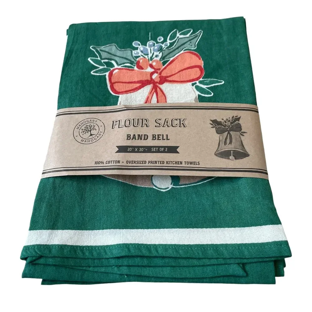 MAHOGANY Set of 2 Holiday Jingle Bell Flour Sack Kitchen Towels Christmas Green